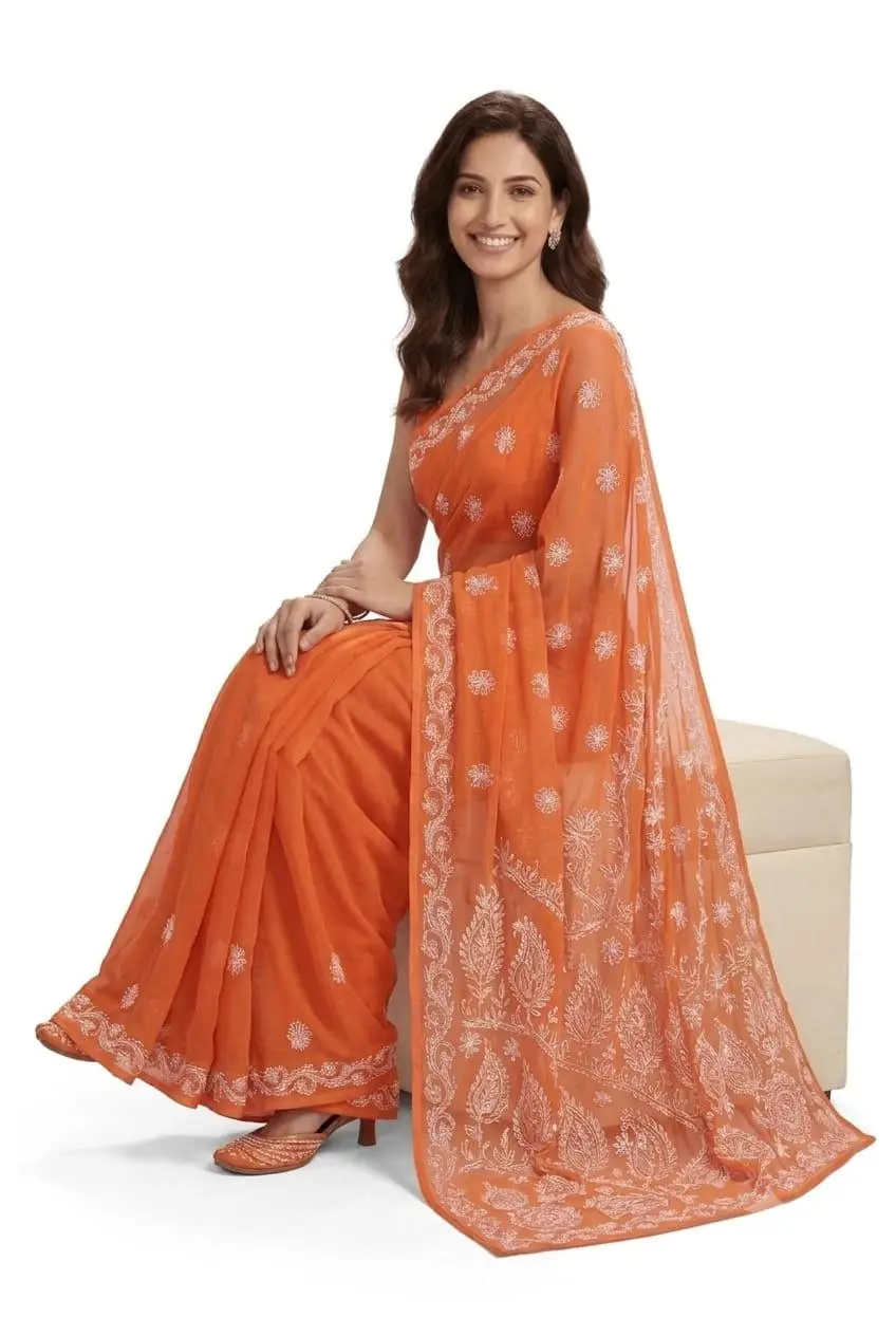 LCF CHIKAN EMBROIDERY CHIFFON SAREE - ORANGE view 2