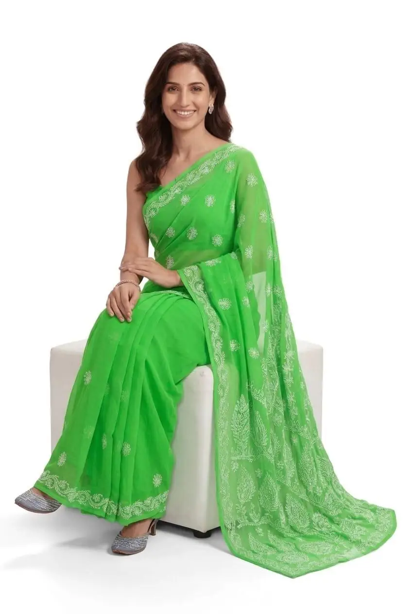 LCF CHIKAN EMBROIDERY CHIFFON SAREE - PARROT GREEN view 2