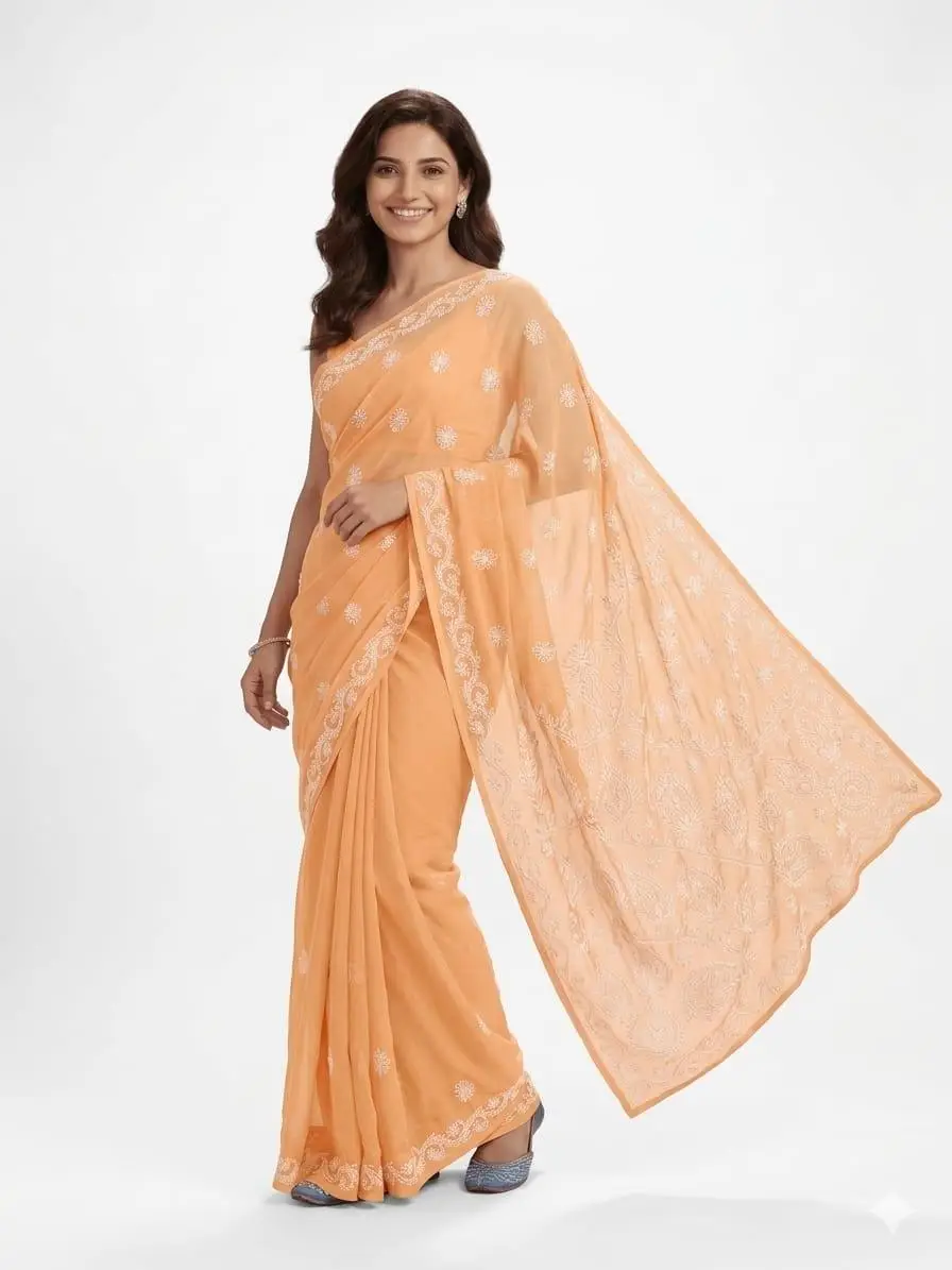 LCF CHIKAN EMBROIDERY CHIFFON SAREE - PEACH