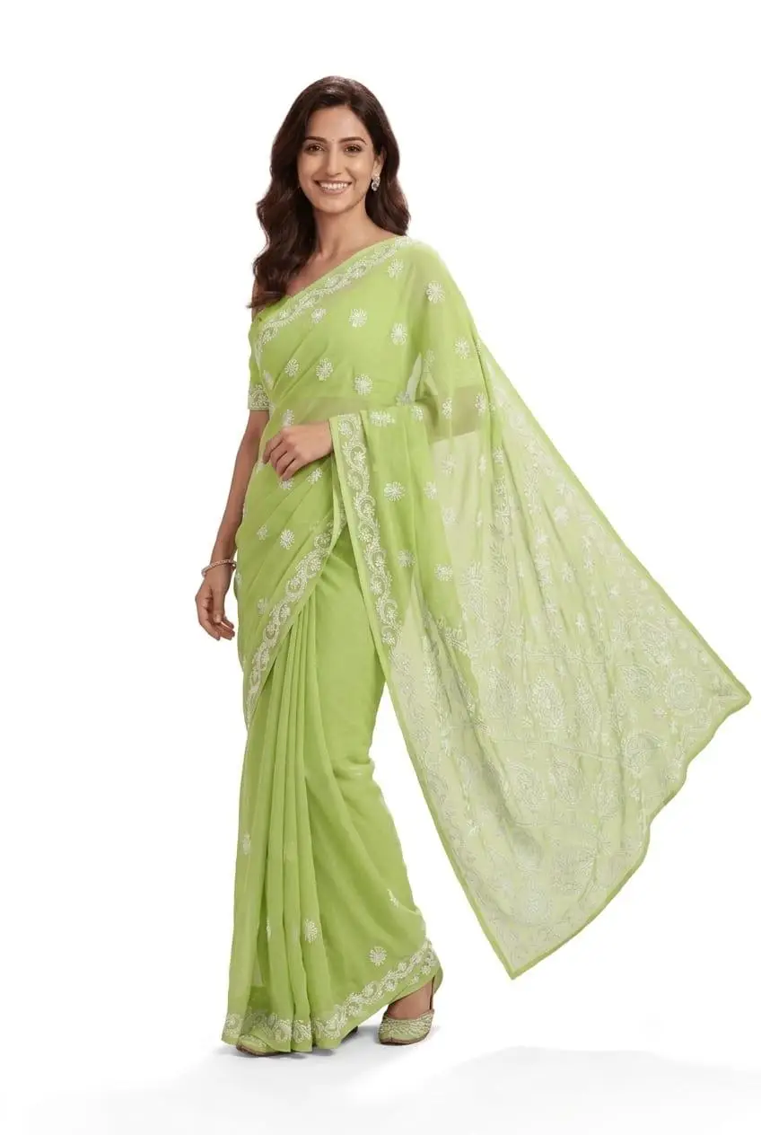 LCF CHIKAN EMBROIDERY CHIFFON SAREE - PISTA GREEN