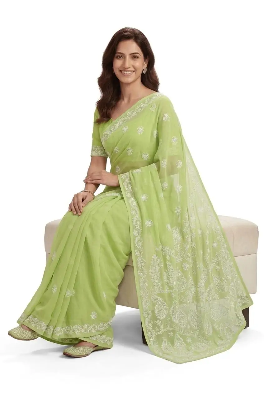 LCF CHIKAN EMBROIDERY CHIFFON SAREE - PISTA GREEN view 2