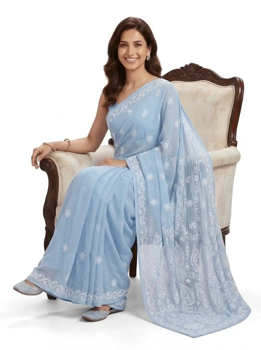 LCF CHIKAN EMBROIDERY CHIFFON SAREE - POWDER BLUE view 2