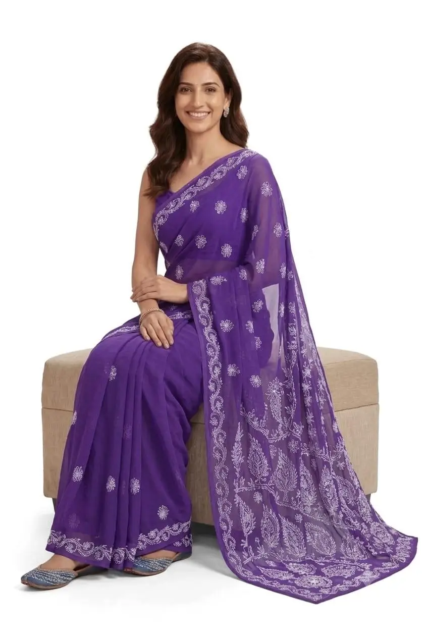 LCF CHIKAN EMBROIDERY CHIFFON SAREE - DARK  PURPLE view 2