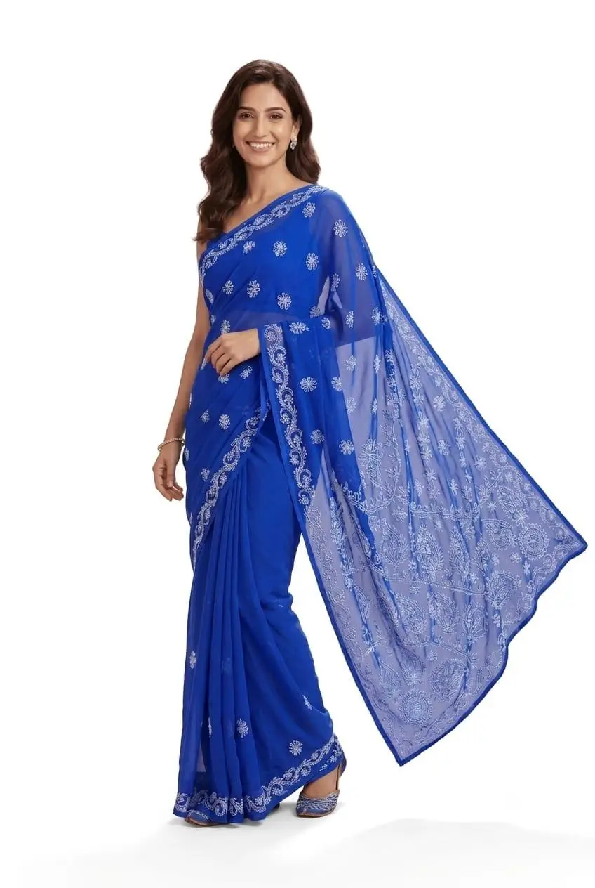 LCF CHIKAN EMBROIDERY CHIFFON SAREE - ROYAL BLUE
