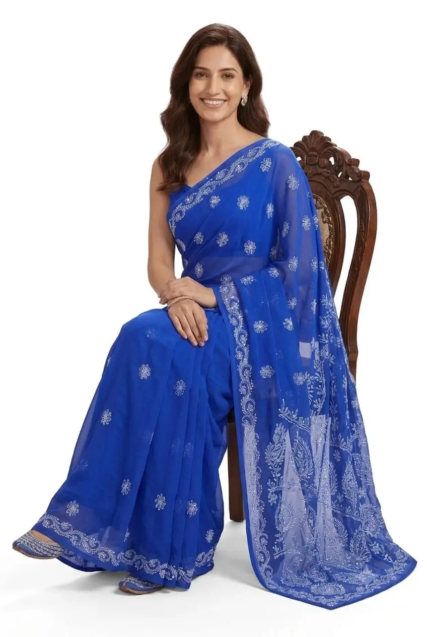 LCF CHIKAN EMBROIDERY CHIFFON SAREE - ROYAL BLUE view 2