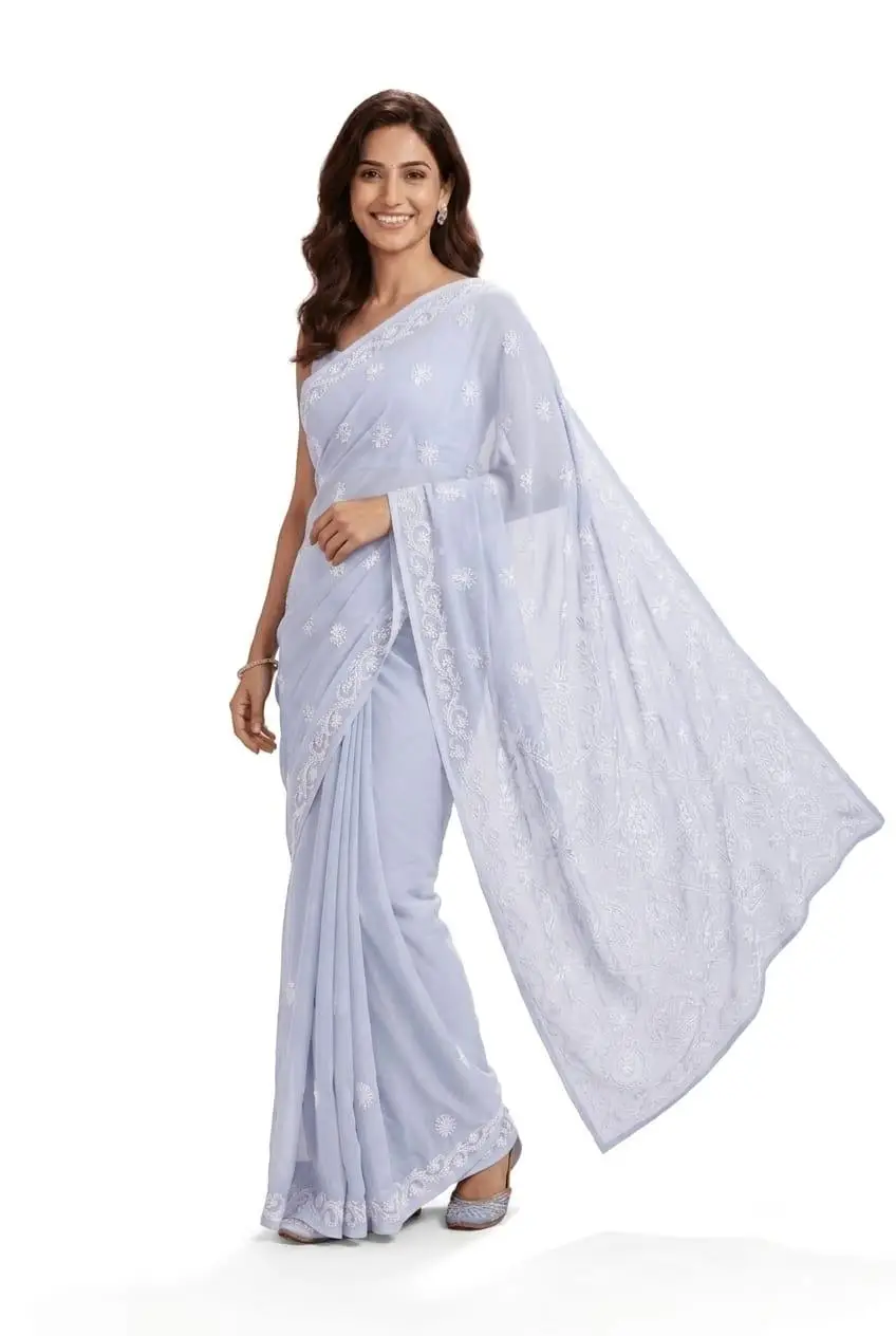 LCF CHIKAN EMBROIDERY CHIFFON SAREE -POWDER GREY