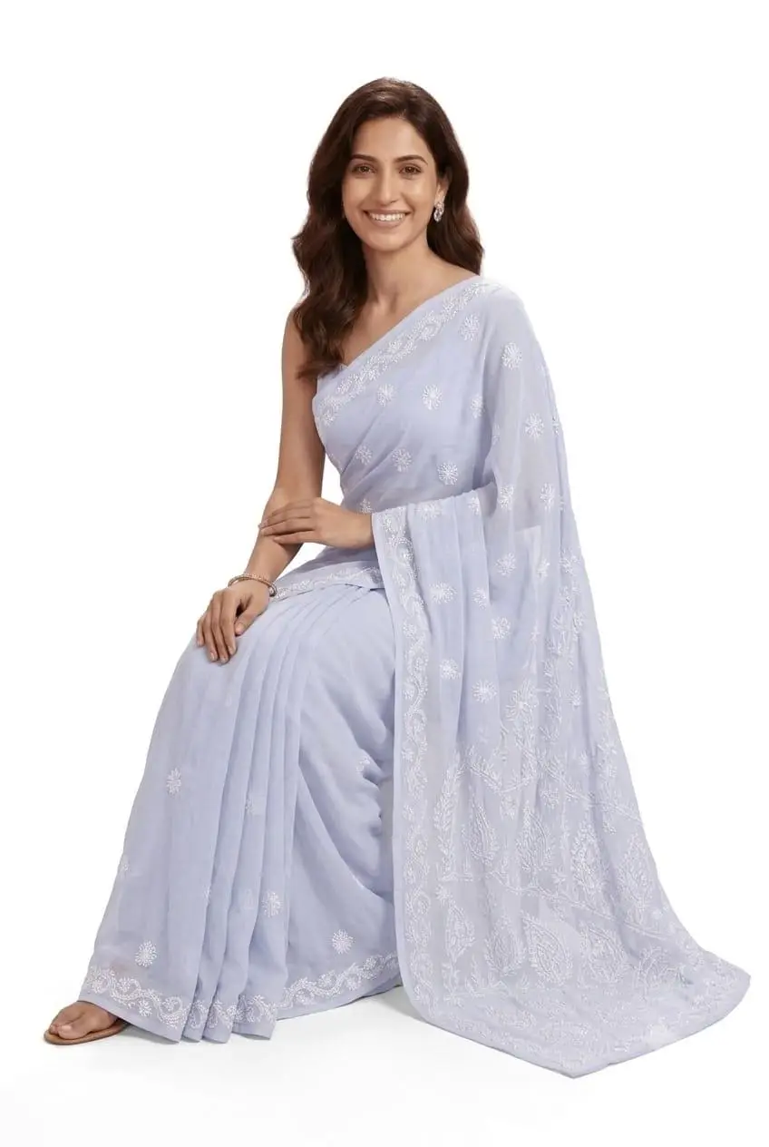 LCF CHIKAN EMBROIDERY CHIFFON SAREE -POWDER GREY view 2