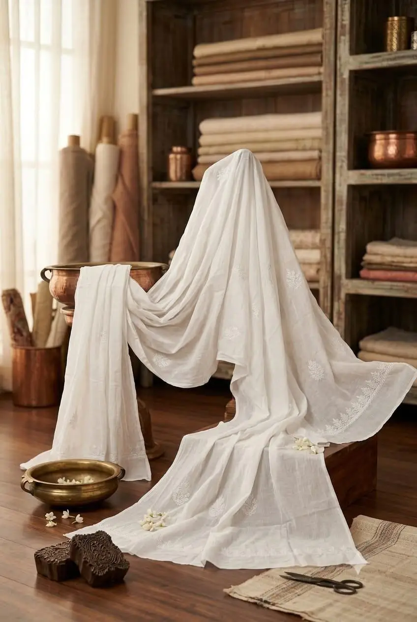 LCF CHIKAN EMBROIDEY MAL COTTON DUPATTA - WHITE view 2