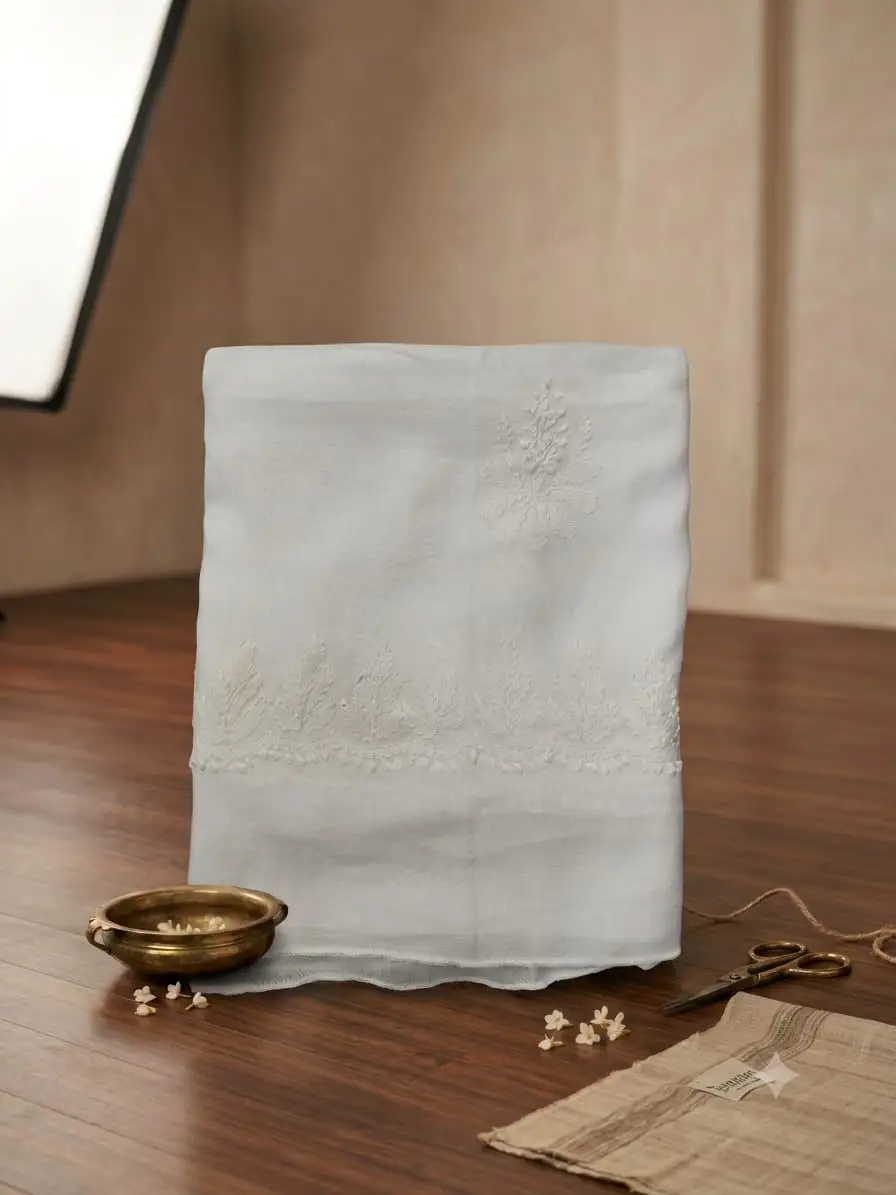 LCF CHIKAN EMBROIDEY MAL COTTON DUPATTA - WHITE view 3
