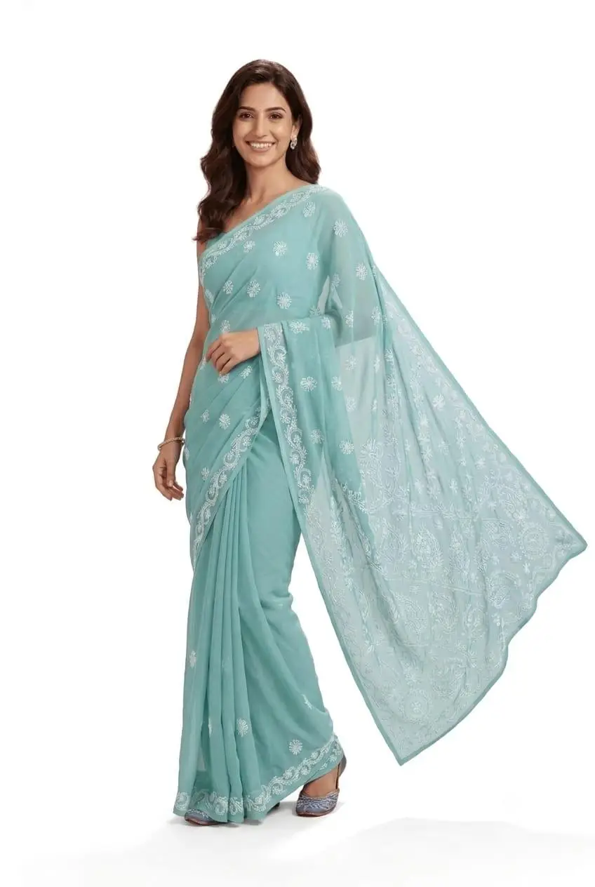LCF CHIKAN EMBROIDERY CHIFFON SAREE - SEA GREEN