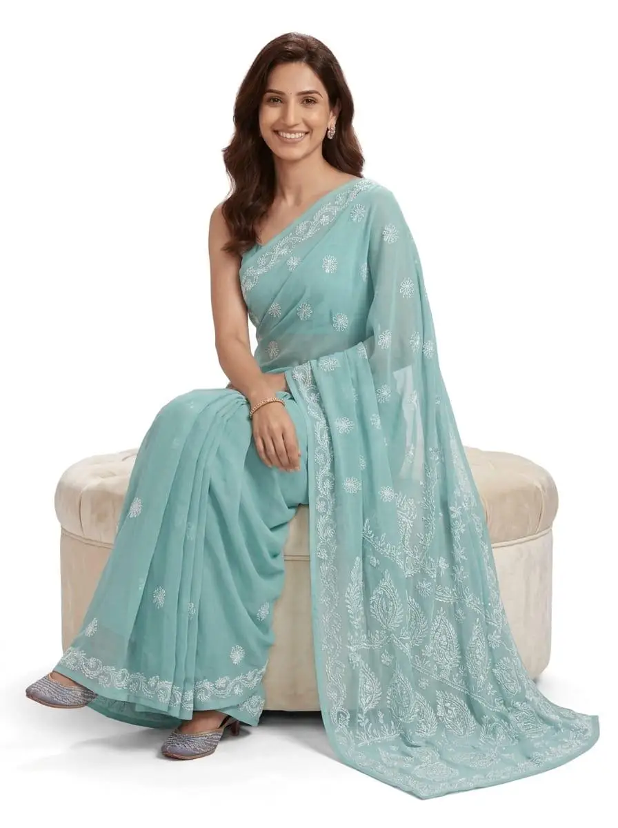 LCF CHIKAN EMBROIDERY CHIFFON SAREE - SEA GREEN view 2