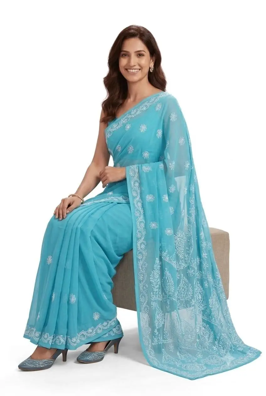 LCF CHIKAN EMBROIDERY CHIFFON SAREE - SKY BLUE view 2