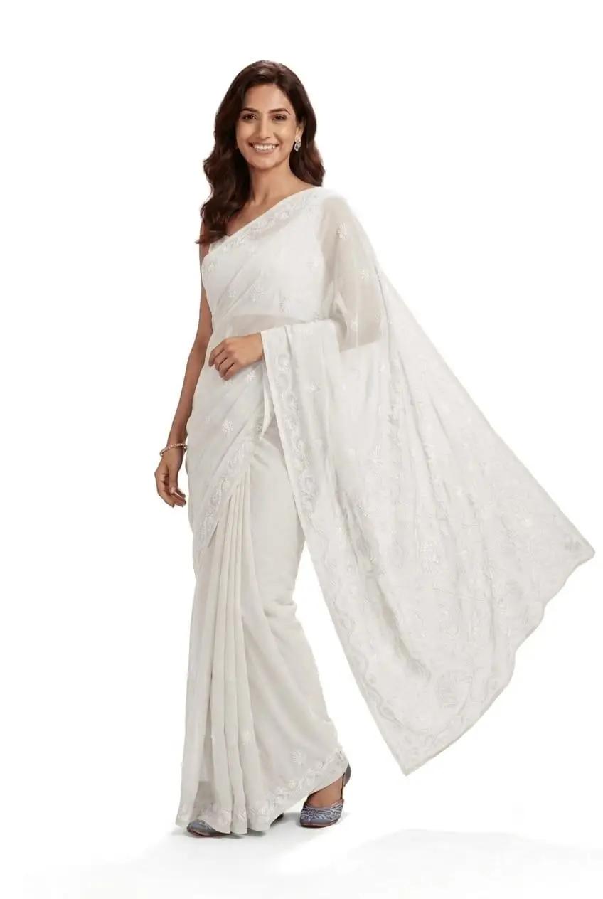 LCF CHIKAN EMBROIDERY CHIFFON SAREE - WHITE