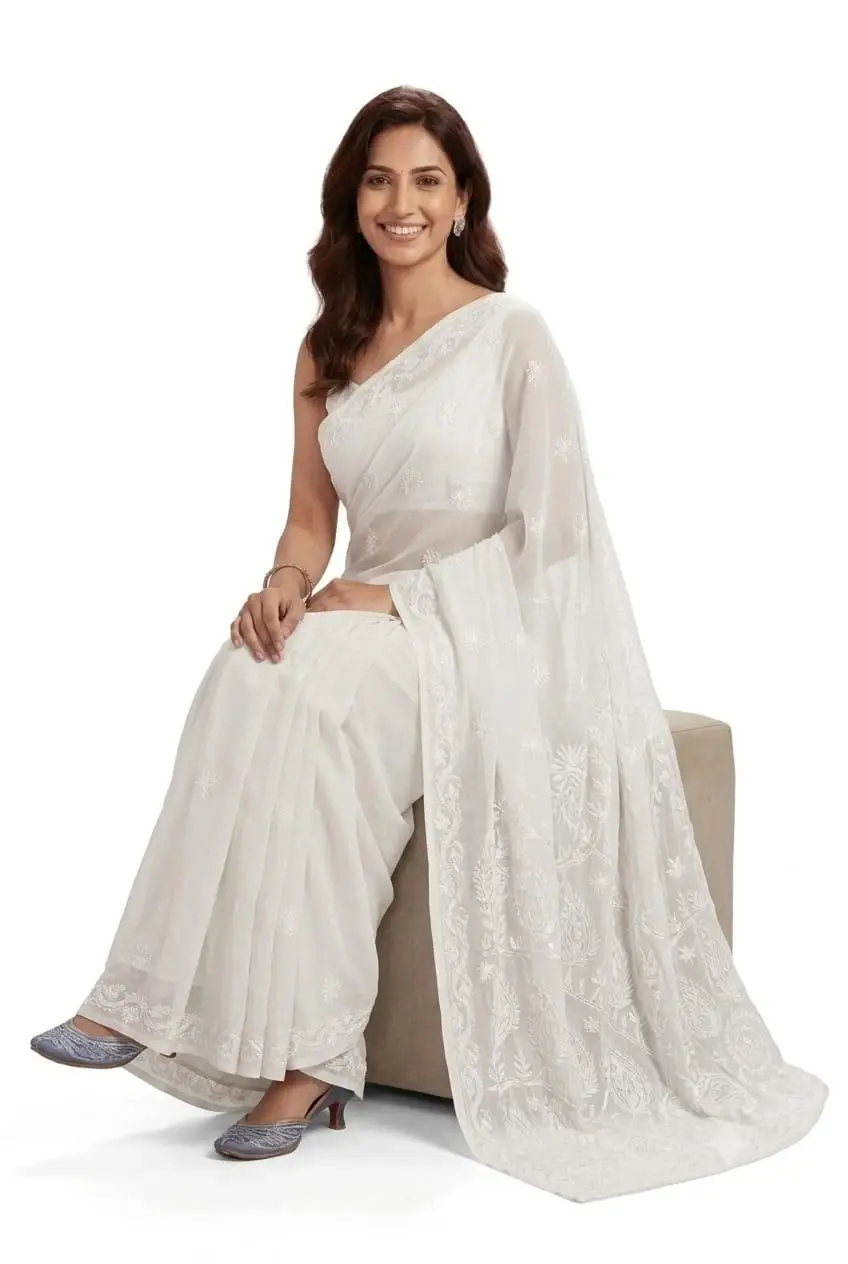 LCF CHIKAN EMBROIDERY CHIFFON SAREE - WHITE view 2