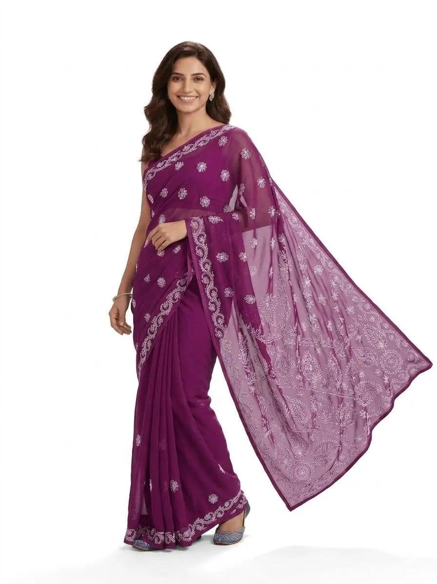 LCF CHIKAN EMBROIDERY CHIFFON SAREE - WINE