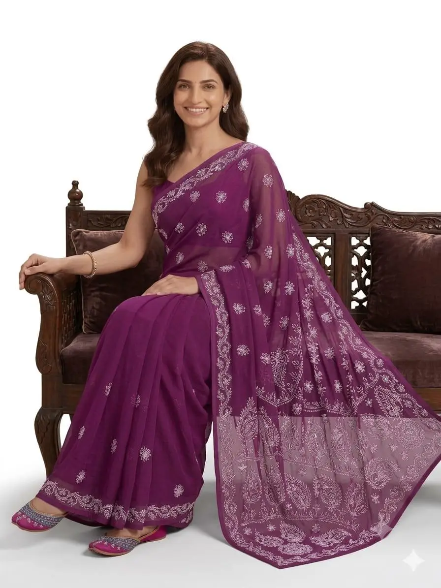 LCF CHIKAN EMBROIDERY CHIFFON SAREE - WINE view 2