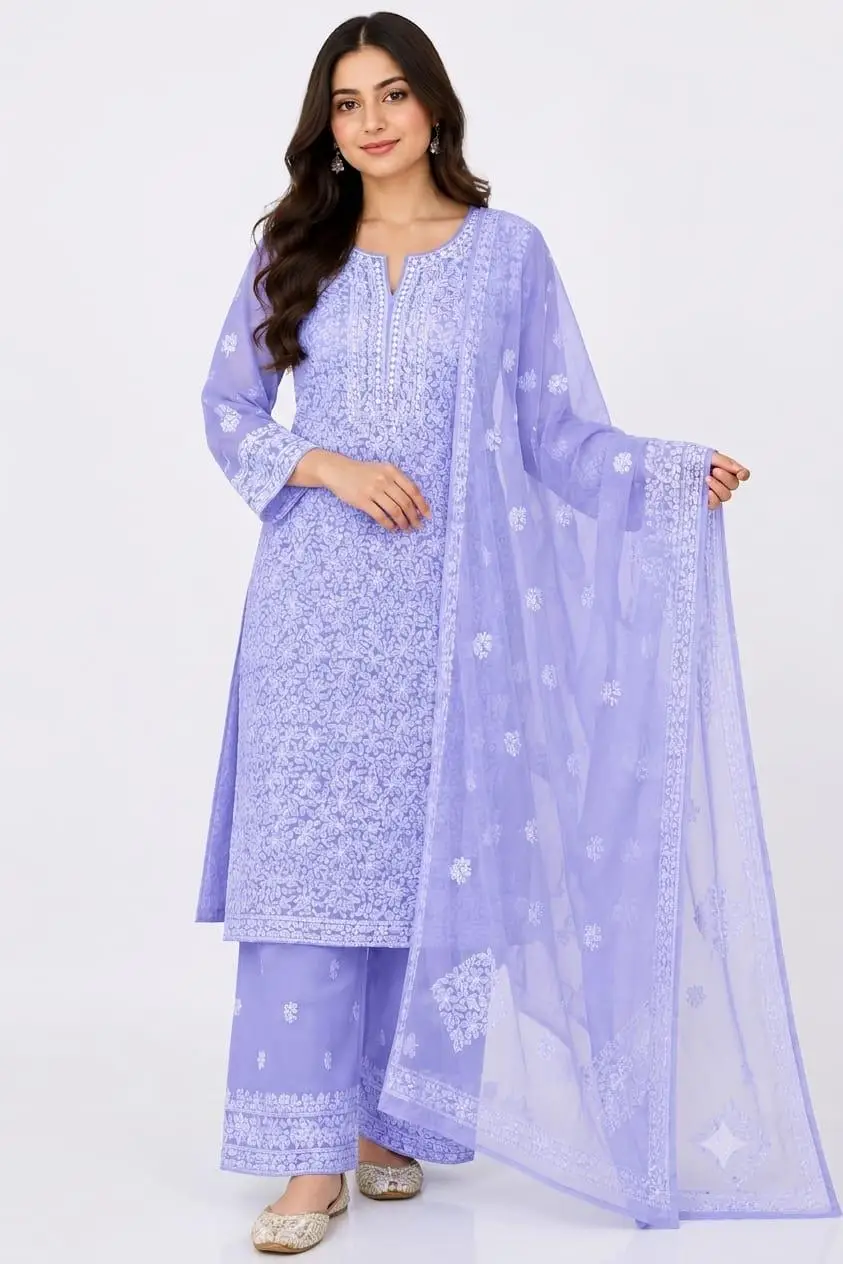 LCF CHIKAN EMBROIDERY CHIFOON FULL JAAL WORK UNSTITCHED DRESS MATERIAL ( KURTI DUPATTA & BOTTOM )- LAVENDER