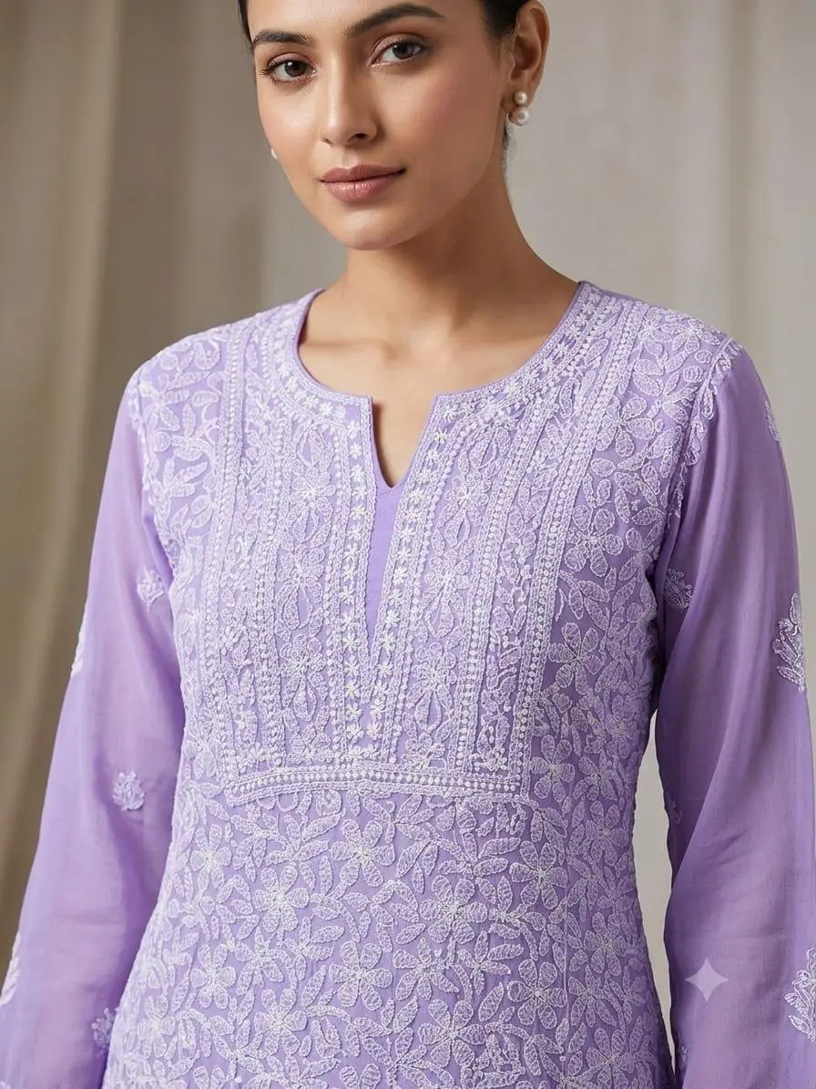 LCF CHIKAN EMBROIDERY CHIFOON FULL JAAL WORK UNSTITCHED DRESS MATERIAL ( KURTI DUPATTA & BOTTOM )- LAVENDER view 2