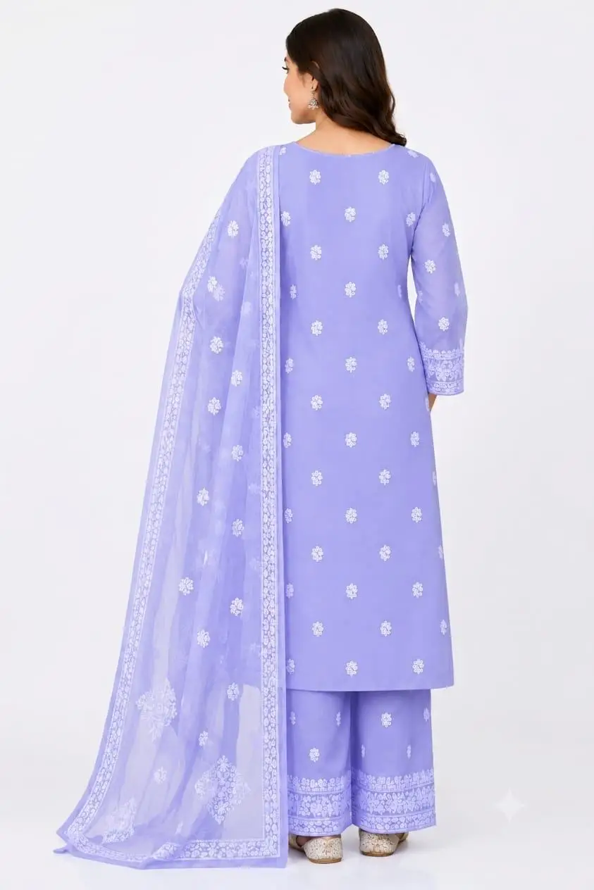 LCF CHIKAN EMBROIDERY CHIFOON FULL JAAL WORK UNSTITCHED DRESS MATERIAL ( KURTI DUPATTA & BOTTOM )- LAVENDER view 3