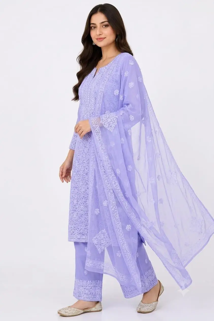 LCF CHIKAN EMBROIDERY CHIFOON FULL JAAL WORK UNSTITCHED DRESS MATERIAL ( KURTI DUPATTA & BOTTOM )- LAVENDER view 4