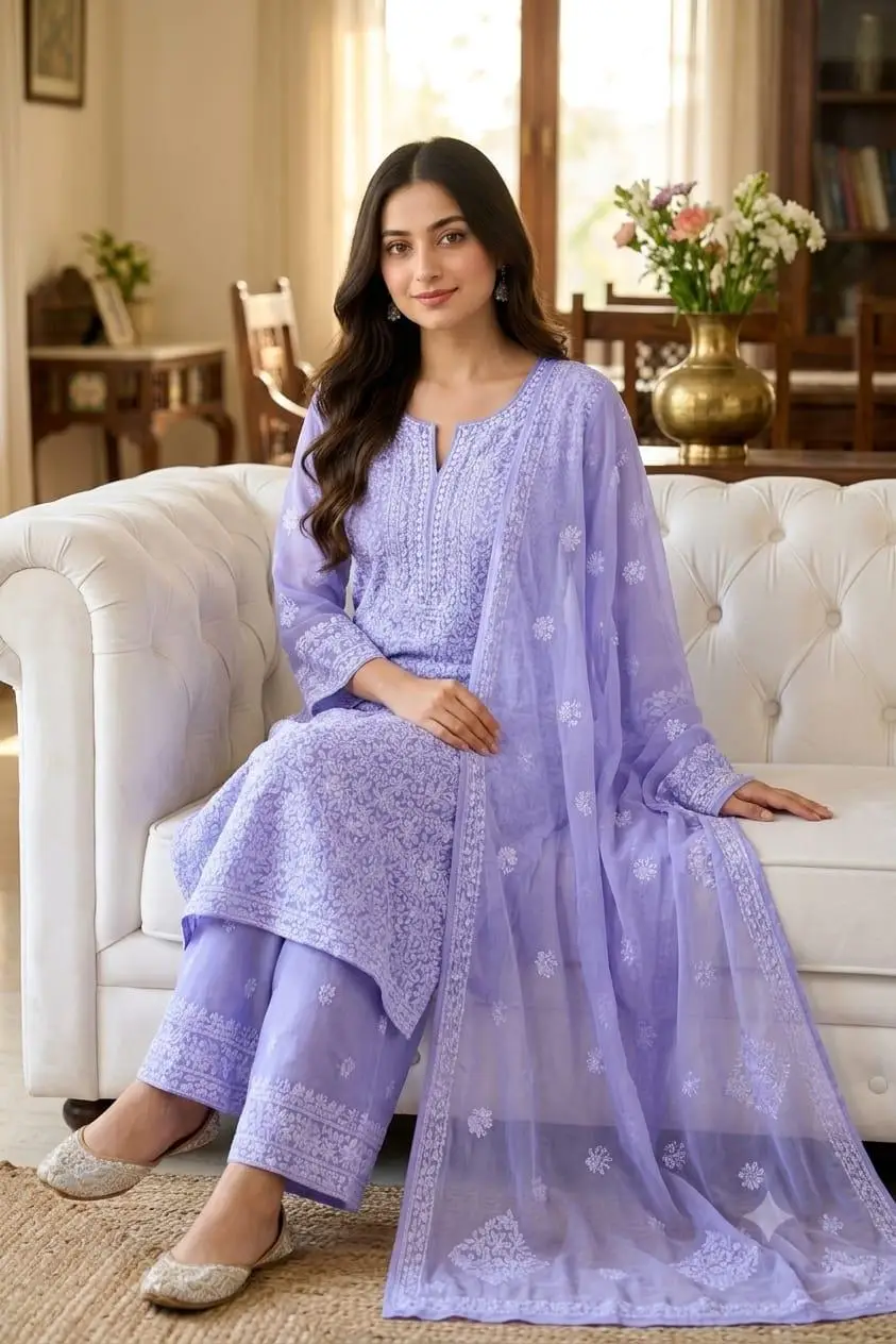 LCF CHIKAN EMBROIDERY CHIFOON FULL JAAL WORK UNSTITCHED DRESS MATERIAL ( KURTI DUPATTA & BOTTOM )- LAVENDER view 5