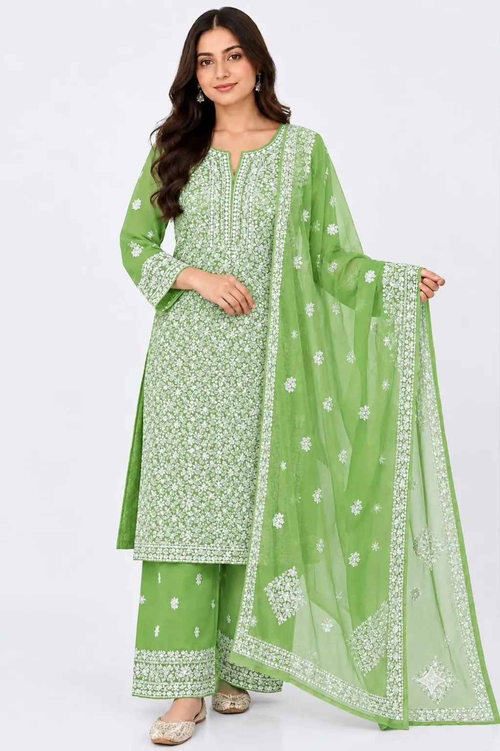LCF CHIKAN EMBROIDERY CHIFOON FULL JAAL WORK UNSTITCHED DRESS MATERIAL( KURTI DUPATTA & BOTTOM ) -PARROT GREEN