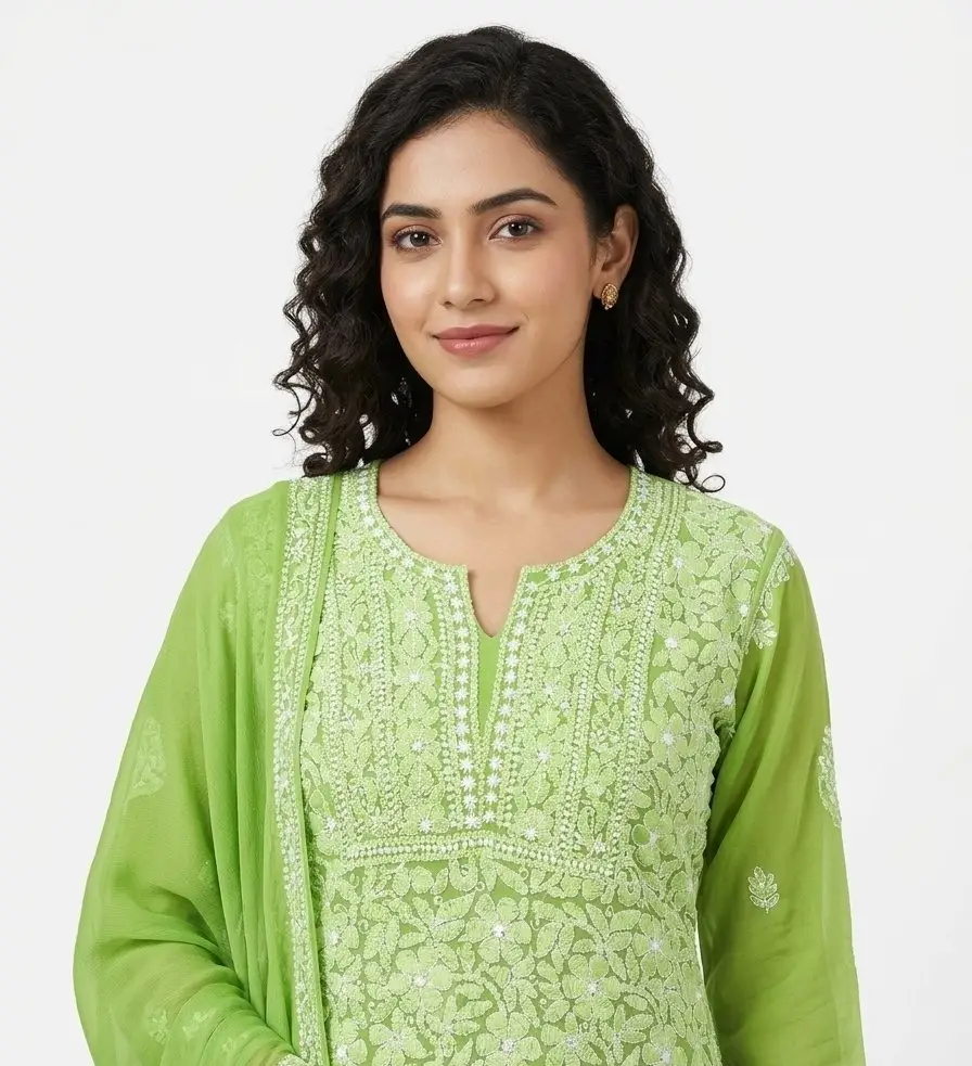 LCF CHIKAN EMBROIDERY CHIFOON FULL JAAL WORK UNSTITCHED DRESS MATERIAL( KURTI DUPATTA & BOTTOM ) -PARROT GREEN view 2