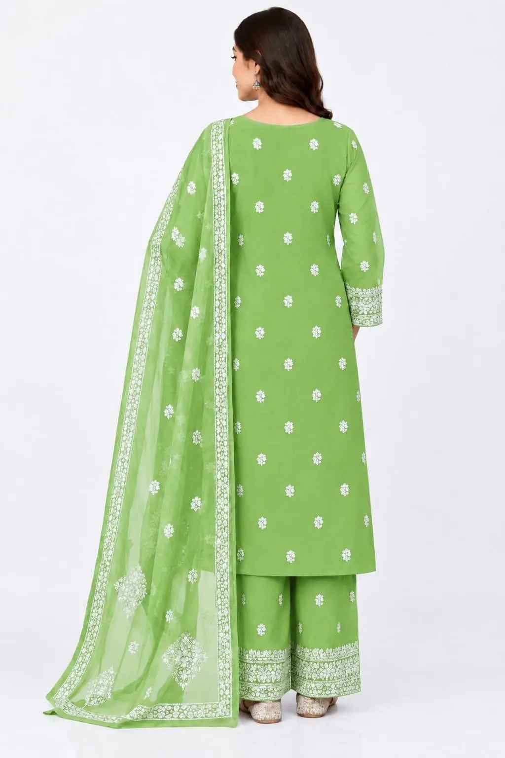 LCF CHIKAN EMBROIDERY CHIFOON FULL JAAL WORK UNSTITCHED DRESS MATERIAL( KURTI DUPATTA & BOTTOM ) -PARROT GREEN view 3