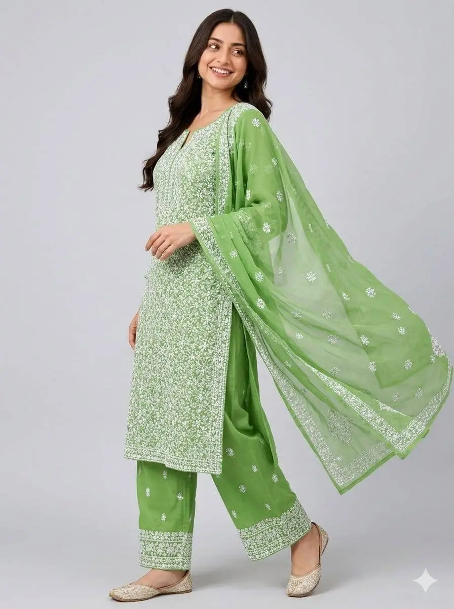 LCF CHIKAN EMBROIDERY CHIFOON FULL JAAL WORK UNSTITCHED DRESS MATERIAL( KURTI DUPATTA & BOTTOM ) -PARROT GREEN view 4