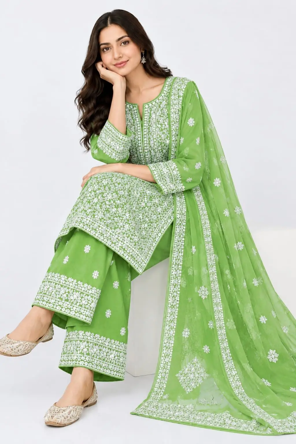 LCF CHIKAN EMBROIDERY CHIFOON FULL JAAL WORK UNSTITCHED DRESS MATERIAL( KURTI DUPATTA & BOTTOM ) -PARROT GREEN view 5