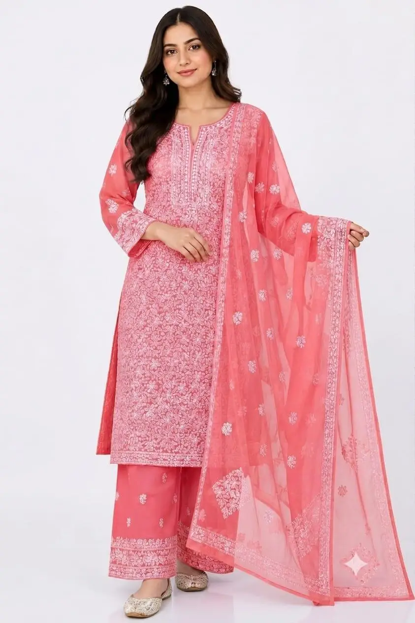 LCF CHIKAN EMBROIDERY CHIFOON FULL JAAL WORK UNSTITCHED DRESS MATERIAL( KURTI DUPATTA & BOTTOM)- PEACH