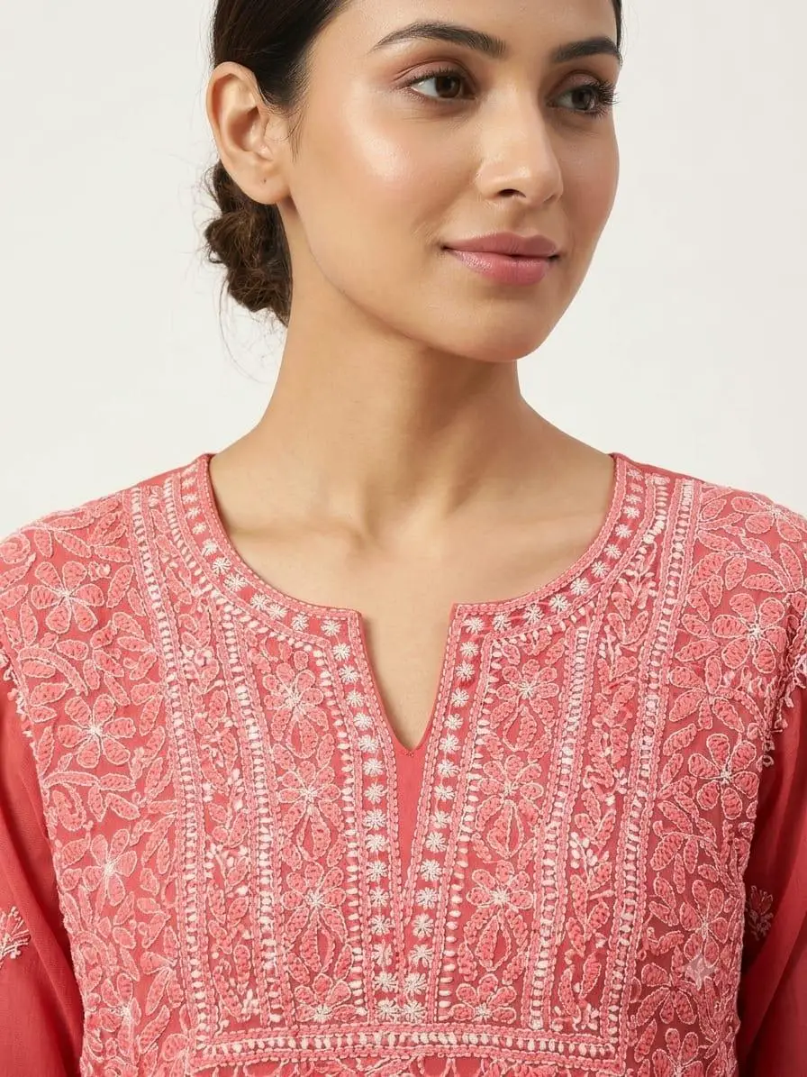 LCF CHIKAN EMBROIDERY CHIFOON FULL JAAL WORK UNSTITCHED DRESS MATERIAL( KURTI DUPATTA & BOTTOM)- PEACH view 2