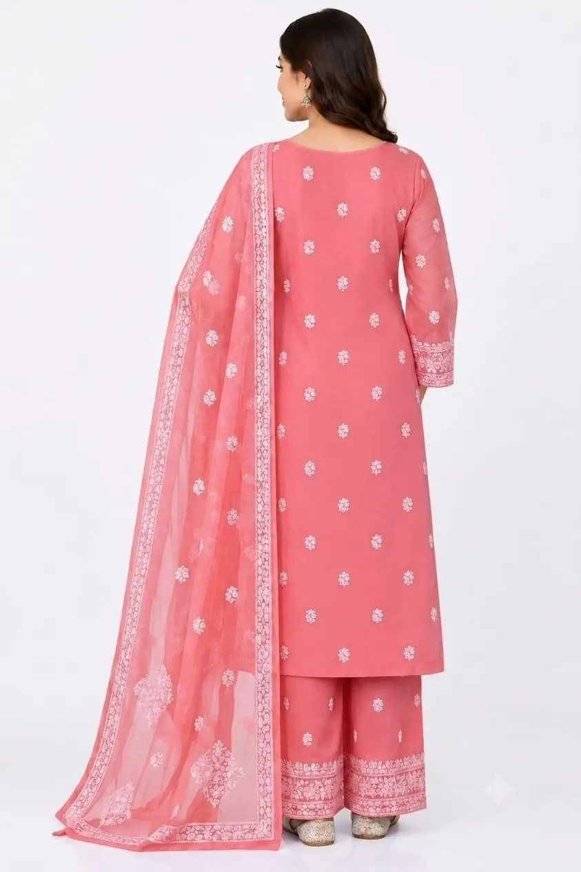 LCF CHIKAN EMBROIDERY CHIFOON FULL JAAL WORK UNSTITCHED DRESS MATERIAL( KURTI DUPATTA & BOTTOM)- PEACH view 3
