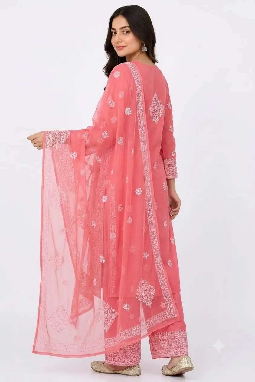 LCF CHIKAN EMBROIDERY CHIFOON FULL JAAL WORK UNSTITCHED DRESS MATERIAL( KURTI DUPATTA & BOTTOM)- PEACH view 4