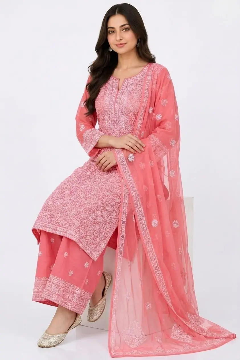 LCF CHIKAN EMBROIDERY CHIFOON FULL JAAL WORK UNSTITCHED DRESS MATERIAL( KURTI DUPATTA & BOTTOM)- PEACH view 5
