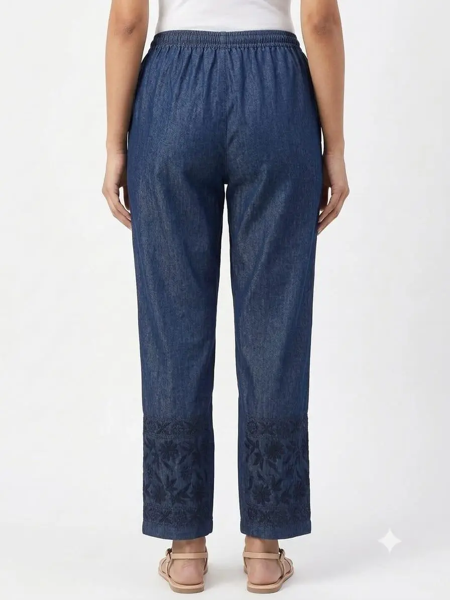 LCF CHIKAN EMBROIDERY COTTON DENIM PANT - BLUE view 2