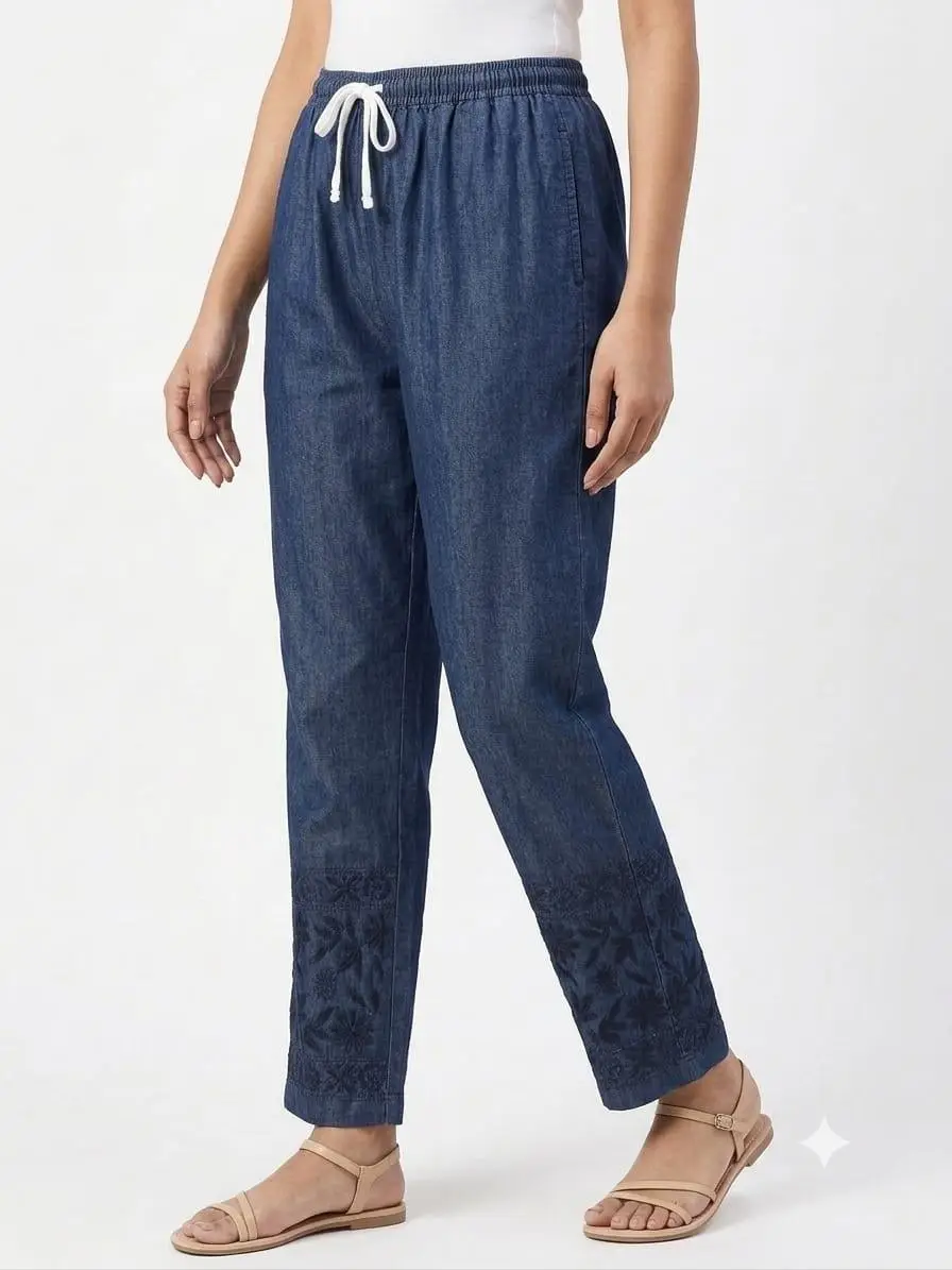 LCF CHIKAN EMBROIDERY COTTON DENIM PANT - BLUE view 3