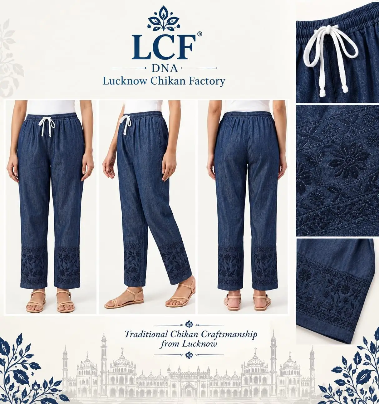 LCF CHIKAN EMBROIDERY COTTON DENIM PANT - BLUE view 4