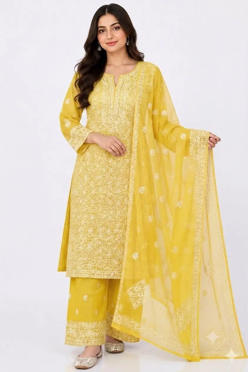LCF CHIKAN EMBROIDERY CHIFOON FULL JAAL WORK UNSTITCHED DRESS MATERIAL( KURTI DUPATTA & BOTTOM) - YELLOW