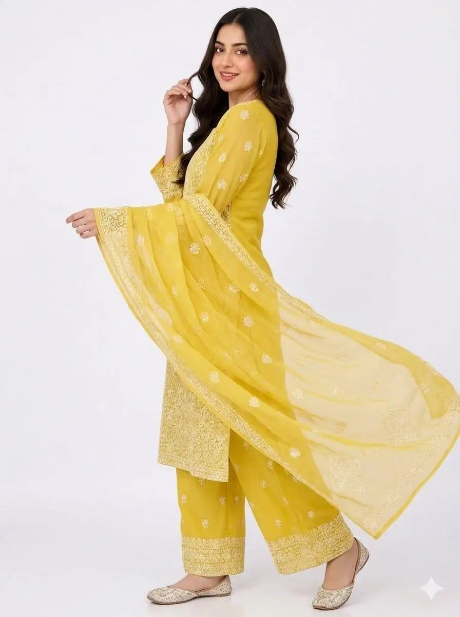 LCF CHIKAN EMBROIDERY CHIFOON FULL JAAL WORK UNSTITCHED DRESS MATERIAL( KURTI DUPATTA & BOTTOM) - YELLOW view 2