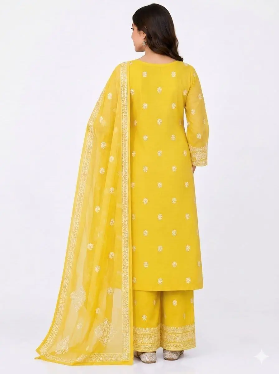 LCF CHIKAN EMBROIDERY CHIFOON FULL JAAL WORK UNSTITCHED DRESS MATERIAL( KURTI DUPATTA & BOTTOM) - YELLOW view 3