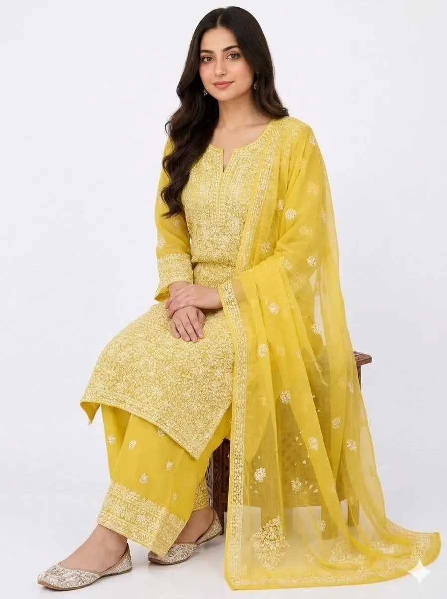 LCF CHIKAN EMBROIDERY CHIFOON FULL JAAL WORK UNSTITCHED DRESS MATERIAL( KURTI DUPATTA & BOTTOM) - YELLOW view 4
