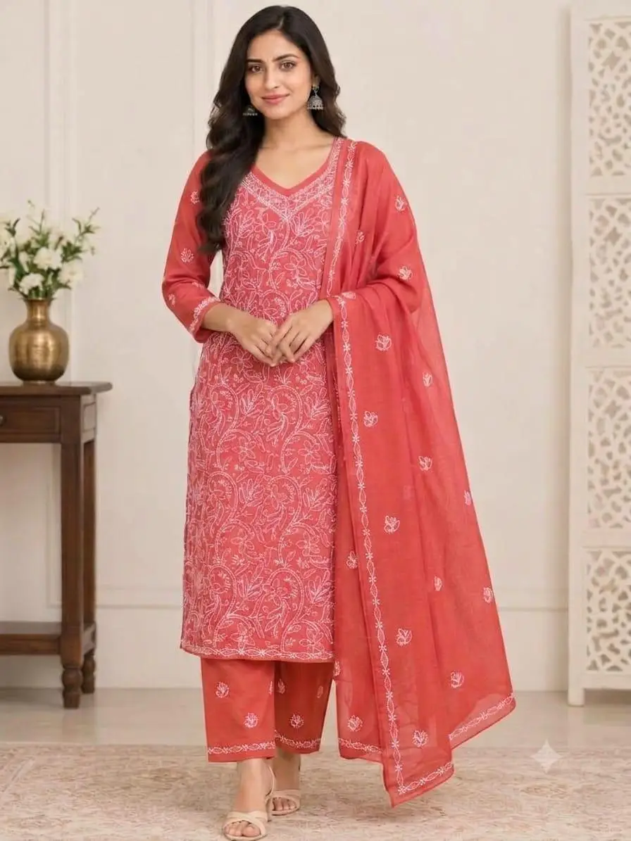LCF CHIKAN EMBROIDERY MAL COTTON UNSTITCHED DRESS MATERIAL( KURTI DUPATTA & BOTTOM)- BRICK RED