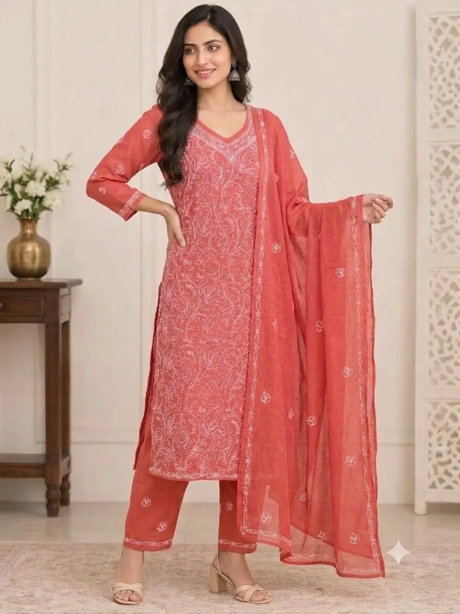LCF CHIKAN EMBROIDERY MAL COTTON UNSTITCHED DRESS MATERIAL( KURTI DUPATTA & BOTTOM)- BRICK RED view 2