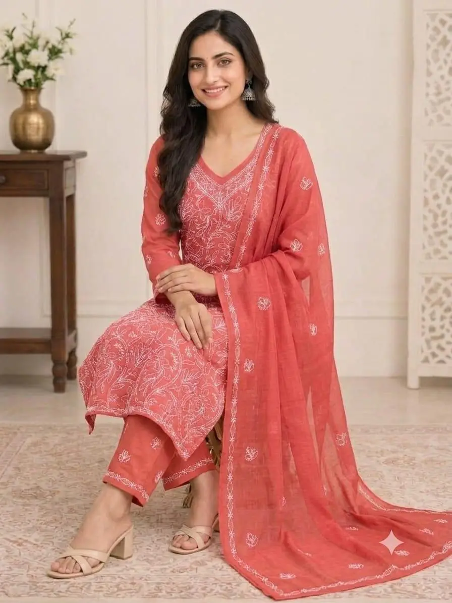 LCF CHIKAN EMBROIDERY MAL COTTON UNSTITCHED DRESS MATERIAL( KURTI DUPATTA & BOTTOM)- BRICK RED view 3