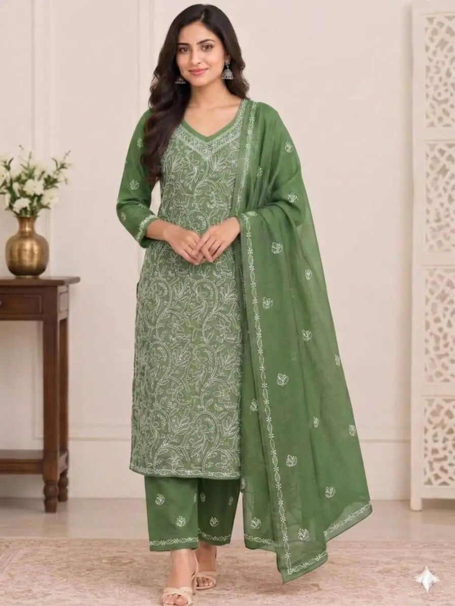 LCF CHIKAN EMBROIDERY MAL COTTON UNSTITCHED DRESS MATERIAL( KURTI DUPATTA & BOTTOM)- DARK GREEN