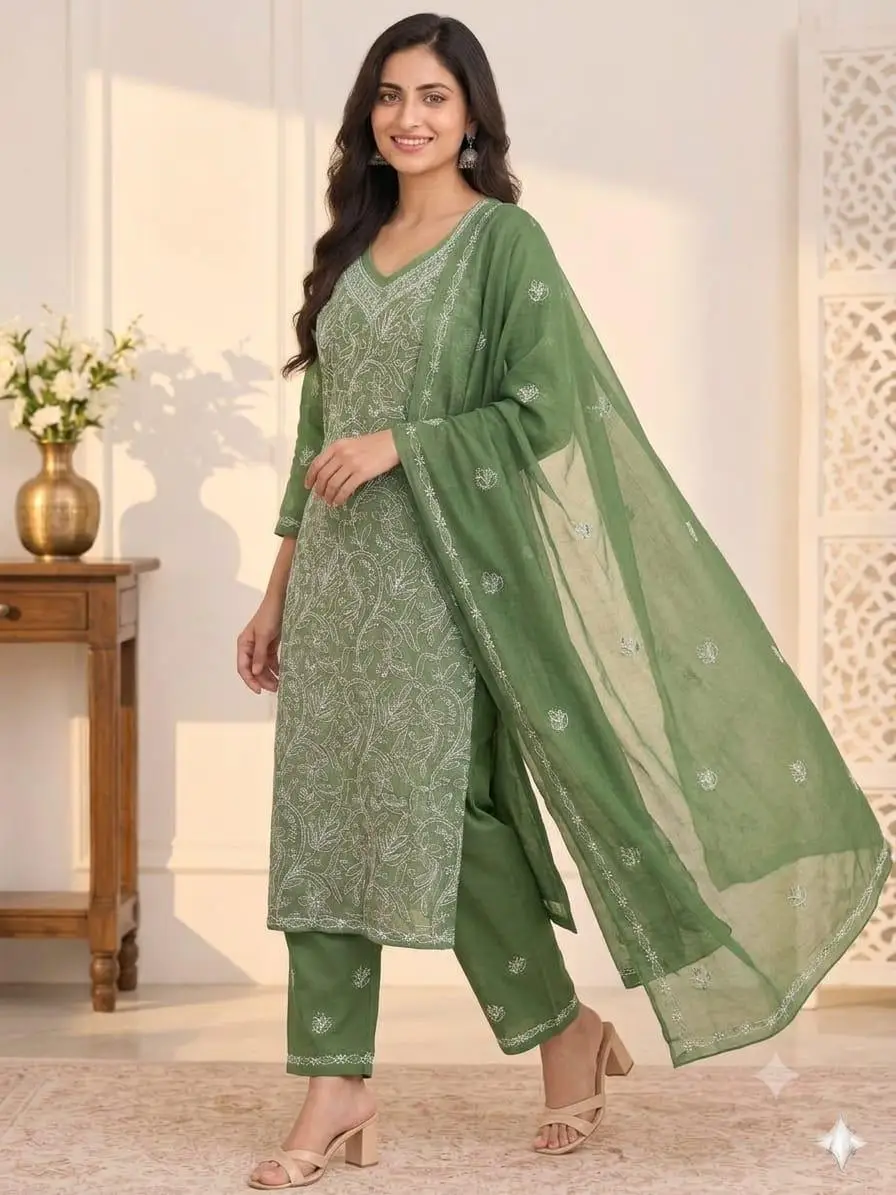 LCF CHIKAN EMBROIDERY MAL COTTON UNSTITCHED DRESS MATERIAL( KURTI DUPATTA & BOTTOM)- DARK GREEN view 2