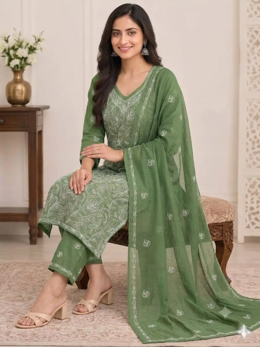 LCF CHIKAN EMBROIDERY MAL COTTON UNSTITCHED DRESS MATERIAL( KURTI DUPATTA & BOTTOM)- DARK GREEN view 3