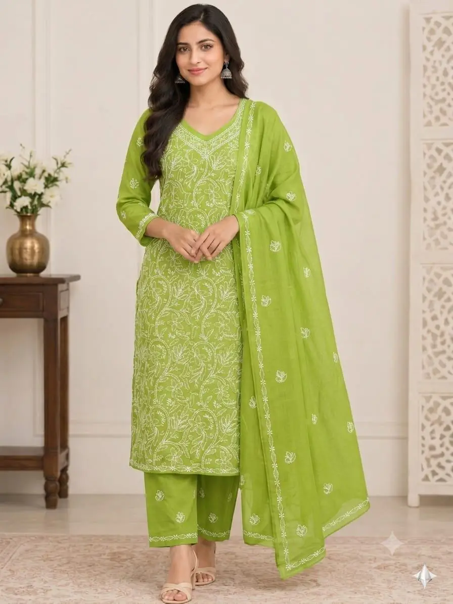 LCF CHIKAN EMBROIDERY MAL COTTON UNSTITCHED DRESS MATERIAL( KURTI DUPATTA & BOTTOM)- GREEN