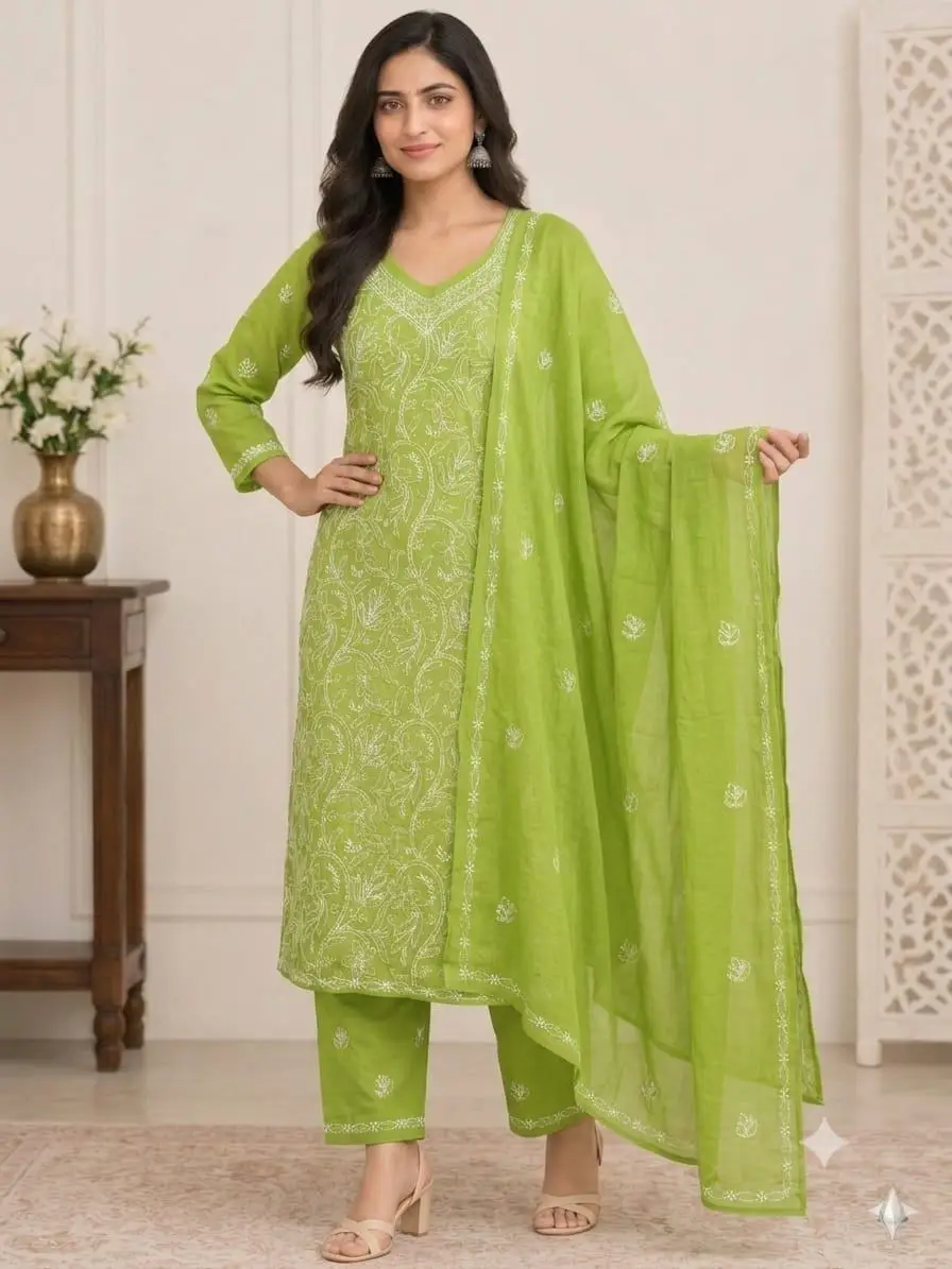 LCF CHIKAN EMBROIDERY MAL COTTON UNSTITCHED DRESS MATERIAL( KURTI DUPATTA & BOTTOM)- GREEN view 2